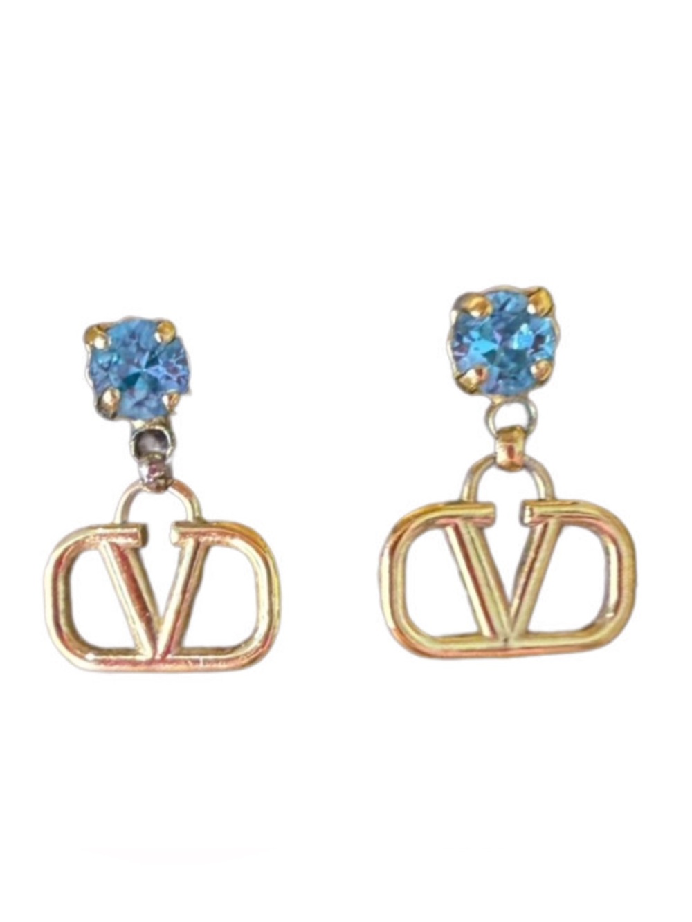 Gold-Tone Earrings with Blue Crystal Studs by V Logo